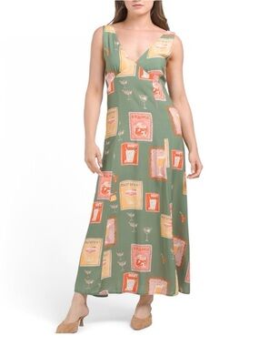 Anthropologie Paper Heart Olive Green Martini V-Neck Maxi Dress Size Medium